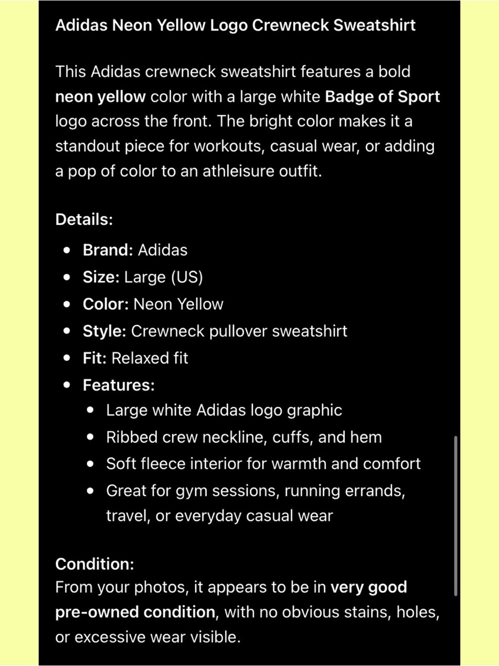 ADIDAS Yellow Graphic Sweatshirt Size Large - Picture 4 of 4